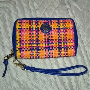 TORY BURCH JANE WOVEN LEATHER RAINBOW MULTI  WRISTLET WALLET